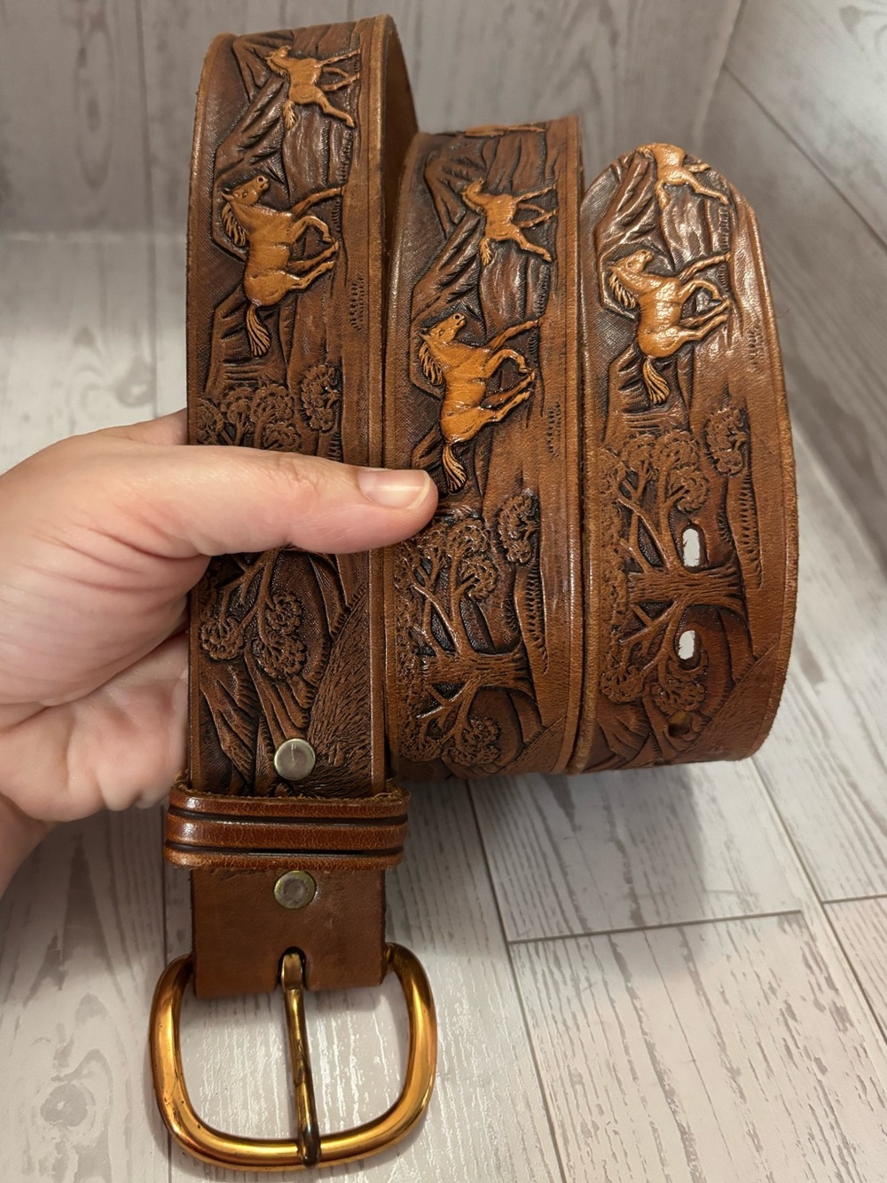 Men's Brown Tooled Leather Belt, Vintage Western Style, waist size 38